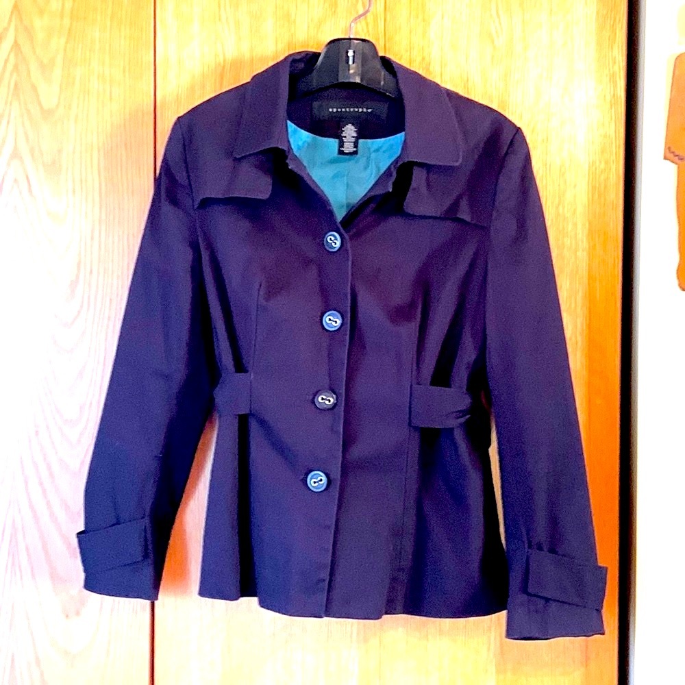 Apostrophe cotton poplin stretch navy blue LINED short trench barn jacket EUC